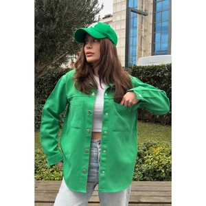 New Laviva Kadın Yeşil Uzun Kol, Çift Cep, Arkası Pliseli, Eteği Oval Kesim, Yırtmaçlı, Gabardin Gömlek Ceket