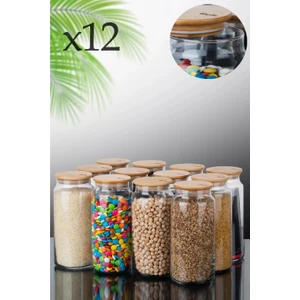 12'li Bambu Kapaklı Vakumlu Büyük Boy Cam Kavanoz Saklama Kabı 1300ML