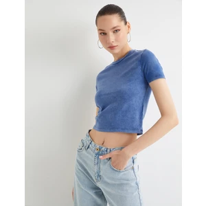 Crop Tişört Soluk Efektli Kısa Kollu Bisiklet Yaka Slim Fit Pamuklu