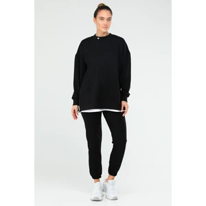 Siyah Regular Fit Düz Pamuklu Bisiklet Yaka Lastik Paça Kadın Eşofman Tunik Takım  -  SA2617