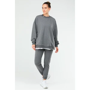 Gri Melanj Regular Fit Düz Pamuklu Bisiklet Yaka Lastik Paça Kadın Eşofman Tunik Takım  -  SA2617