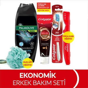 Diş Macunu 125 Ml, Orta Diş Fırçası, Palmolive Men Duş Jeli 500 ml + Duş Lifi & Fırça Kabı