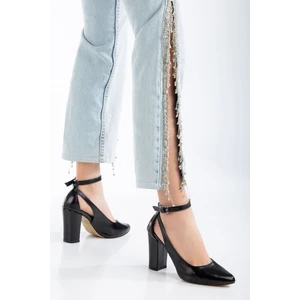 Al Bi Hadi Siyah Renk Parlak Cilt, Topuk Boyu 9 Cm, Bilekten Bağlama Kadın Topuklu AYAKKABI_34---43 Numara