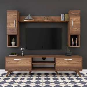 A9 Duvar Raflı Tv Ünitesi Kitaplıklı Tv Sehpası Duvara Monte Raflı Modern Ayaklı 180 cm Minyatür Ceviz M27