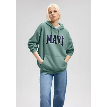 Mavi Logo Baskılı Kapüşonlu Yeşil Sweatshirt