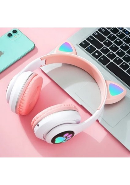 Kablosuz Bluetooth Kulak Üstü Renkli Işıklı Kedili Kulaklık Çocuk Hediyesi - Pembe