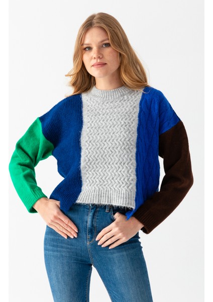 Blok Renkli Crop Kazak