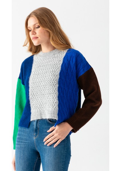 Blok Renkli Crop Kazak fırsatları