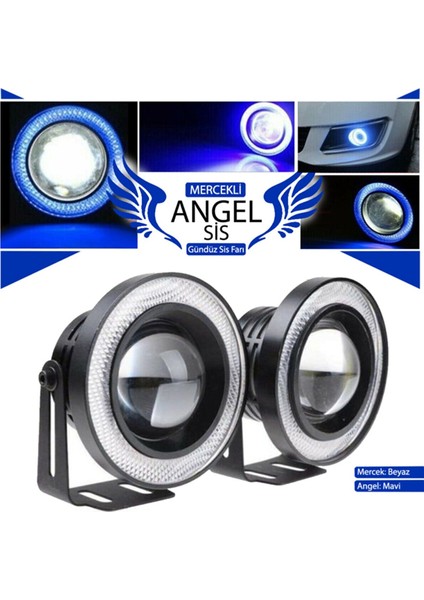 Üniversal Mercekli Angel Sis Farı Metal Su Geçirmez 76 mm Mavi Halkalı Angel Eyes