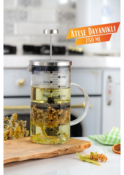 750ML 3 Ü 1 Arada (Ateşe Dayanıklı) French Press, Demlik, Ölçü Kalıbı