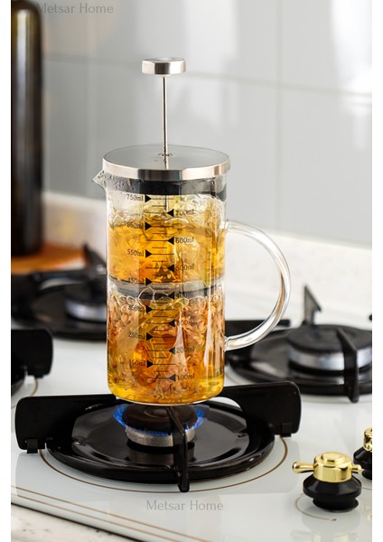 750ML 3 Ü 1 Arada (Ateşe Dayanıklı) French Press, Demlik, Ölçü Kalıbı