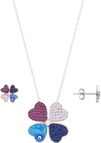 Zirkon Taşlı Mineli 925 Ayar Gümüş Yonca Küpe-Kolye Takım