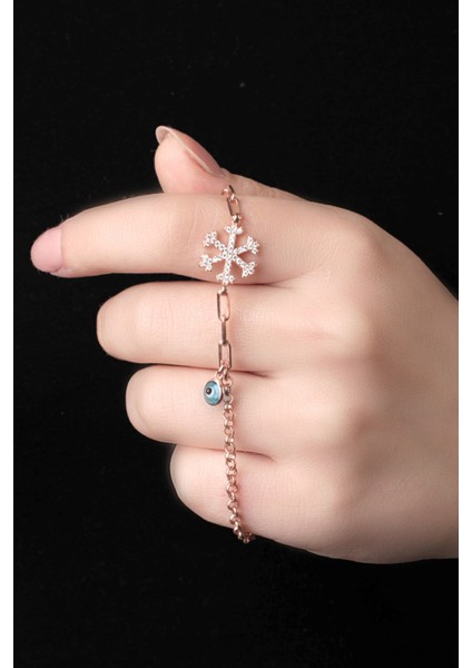 Kadın Kar Tanesi Modeli Nazar Boncuklu 925 Ayar Gümüş Rose Bileklik