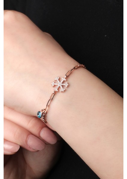Kadın Kar Tanesi Modeli Nazar Boncuklu 925 Ayar Gümüş Rose Bileklik