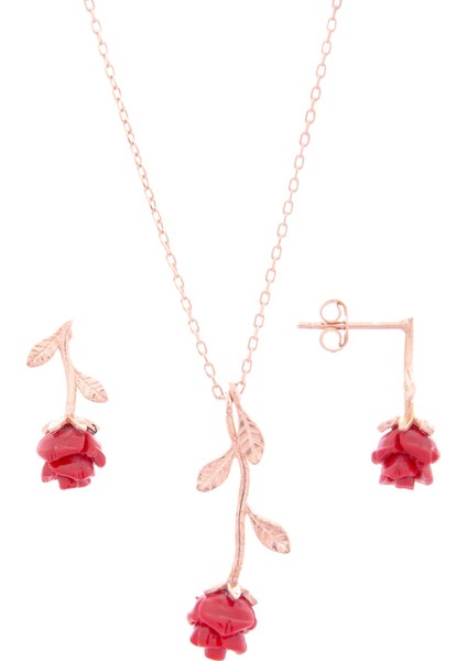Rose 925 Ayar Gümüş Gül Küpe-Kolye Takım