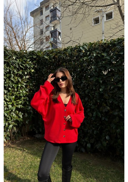 Kadın Kırmızı Scuba Kumaş, Silver Dügme Detaylı, Salaş Ceket Bluz indirimleri