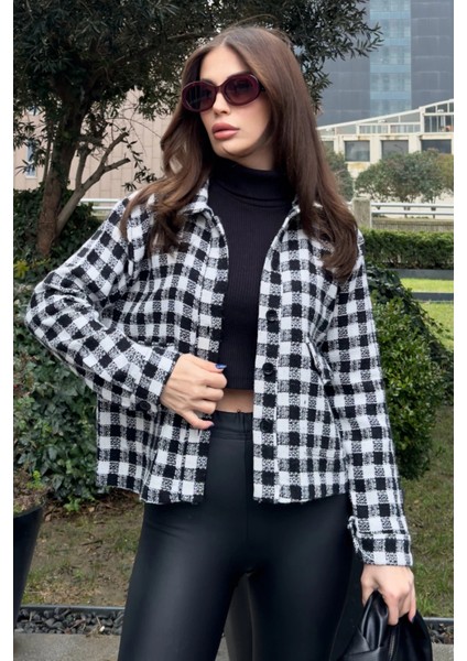 Kadın Siyah Çift Cepli, Pötikare Desenli, Rahat Kalıp, Kısa Tüvit Ceket