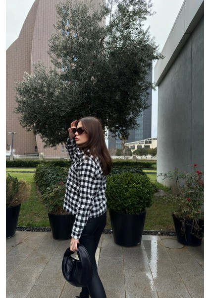 Kadın Siyah Çift Cepli, Pötikare Desenli, Rahat Kalıp, Kısa Tüvit Ceket indirimleri