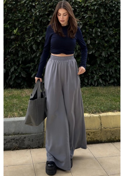 Gri Beli Lastikli, Cepli, Ispanyol / Bol Paça Özel Kumaş, Rahat Kalıp Pantolon - Tesettüre Uygun