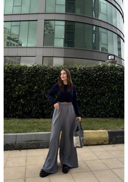 Gri Beli Lastikli, Cepli, Ispanyol / Bol Paça Özel Kumaş, Rahat Kalıp Pantolon - Tesettüre Uygun fiyatları