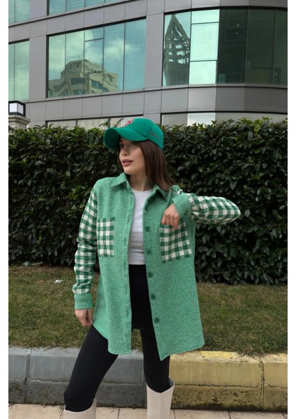 Kadın Yeşil Çift Cepli, Ekose Patchwork Desenli, Rahat Kalıp, Kaşe Gömlek fırsatları