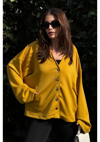 Kadın Hardal Scuba Kumaş, Silver Dügme Detaylı, Salaş Ceket Bluz