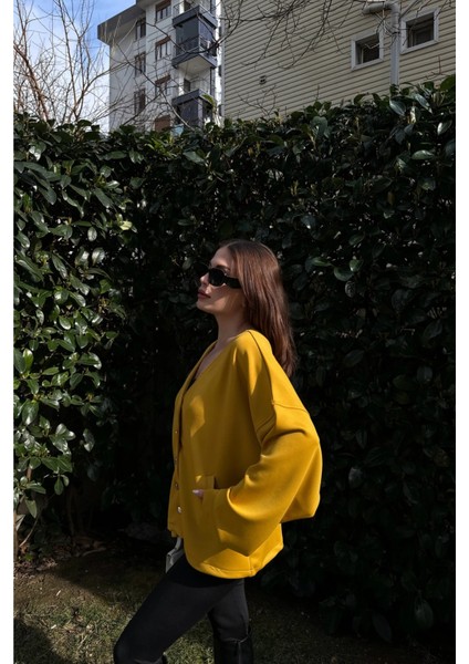 Kadın Hardal Scuba Kumaş, Silver Dügme Detaylı, Salaş Ceket Bluz fiyatları