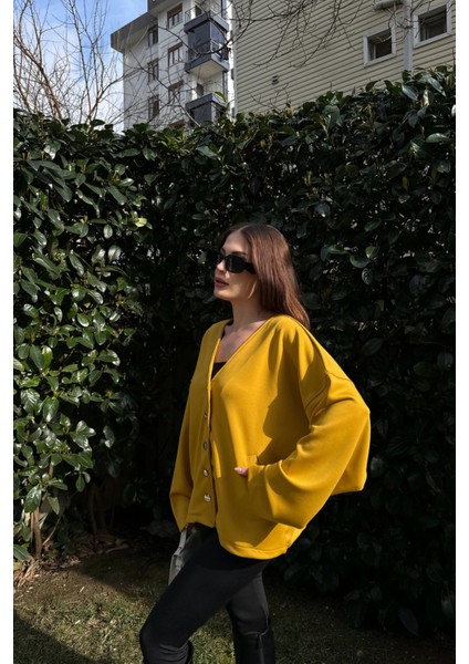 Kadın Hardal Scuba Kumaş, Silver Dügme Detaylı, Salaş Ceket Bluz modelleri