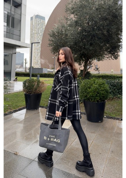 Kadın Siyah Çift Cepli, Ekose Desenli, Rahat Kalıp, Uzun Kaşe Gömlek fiyatları