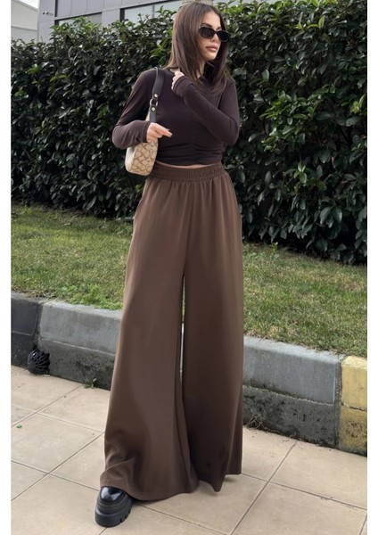 Kahve Beli Lastikli, Cepli, Ispanyol / Bol Paça Özel Kumaş, Rahat Kalıp Pantolon - Tesettüre Uygun