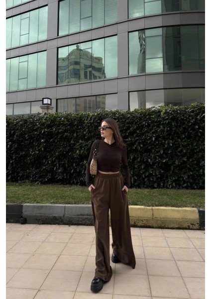 Kahve Beli Lastikli, Cepli, Ispanyol / Bol Paça Özel Kumaş, Rahat Kalıp Pantolon - Tesettüre Uygun fiyatları