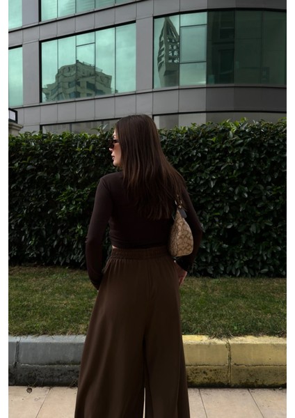 Kahve Beli Lastikli, Cepli, Ispanyol / Bol Paça Özel Kumaş, Rahat Kalıp Pantolon - Tesettüre Uygun modelleri