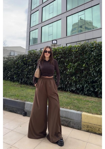 Kahve Beli Lastikli, Cepli, Ispanyol / Bol Paça Özel Kumaş, Rahat Kalıp Pantolon - Tesettüre Uygun fırsatları