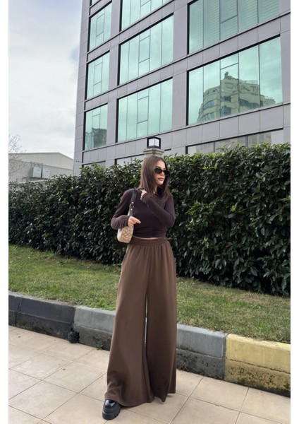 Kahve Beli Lastikli, Cepli, Ispanyol / Bol Paça Özel Kumaş, Rahat Kalıp Pantolon - Tesettüre Uygun indirimleri