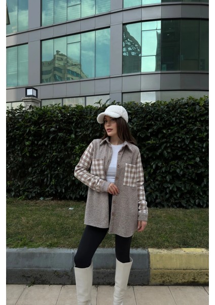 Kadın Kahve Çift Cepli, Ekose Patchwork Desenli, Rahat Kalıp, Kaşe Gömlek fiyatları