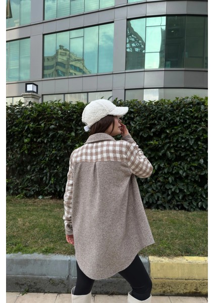 Kadın Kahve Çift Cepli, Ekose Patchwork Desenli, Rahat Kalıp, Kaşe Gömlek modelleri