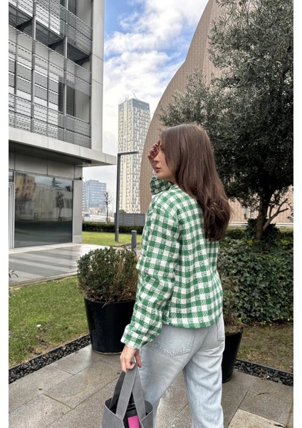 Kadın Yeşil Çift Cepli, Pötikare Desenli, Rahat Kalıp, Kısa Tüvit Ceket indirimleri