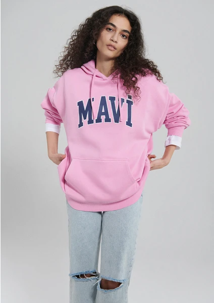 Logo Baskılı Kapüşonlu Pembe Sweatshirt