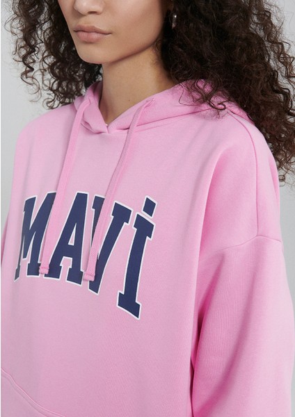 Logo Baskılı Kapüşonlu Pembe Sweatshirt