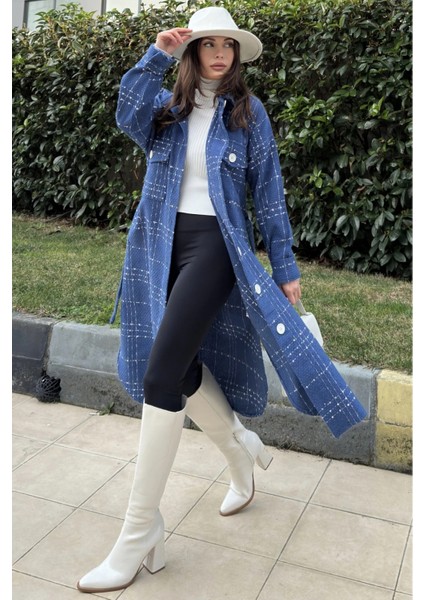 Kadın Indigo Uzun Kol Kemerli Tüvit Kumaş Kaban