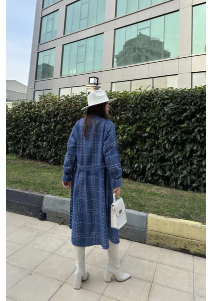 Kadın Indigo Uzun Kol Kemerli Tüvit Kumaş Kaban fiyatları