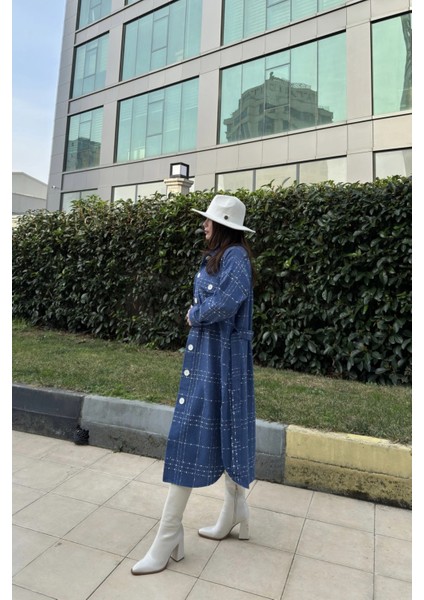 Kadın Indigo Uzun Kol Kemerli Tüvit Kumaş Kaban modelleri
