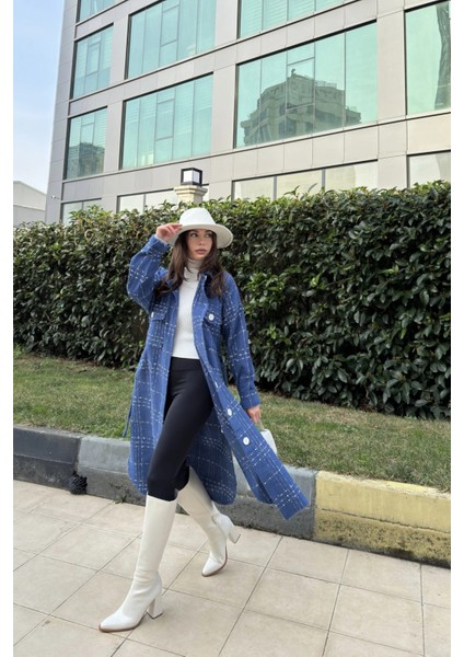 Kadın Indigo Uzun Kol Kemerli Tüvit Kumaş Kaban fırsatları