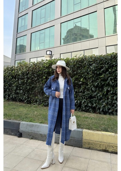 Kadın Indigo Uzun Kol Kemerli Tüvit Kumaş Kaban indirimleri