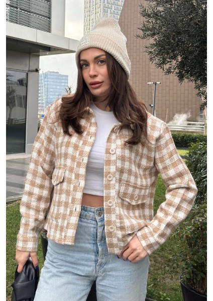 Kadın Vizon Çift Cepli, Pötikare Desenli, Rahat Kalıp, Kısa Tüvit Ceket