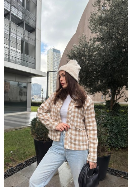 Kadın Vizon Çift Cepli, Pötikare Desenli, Rahat Kalıp, Kısa Tüvit Ceket modelleri