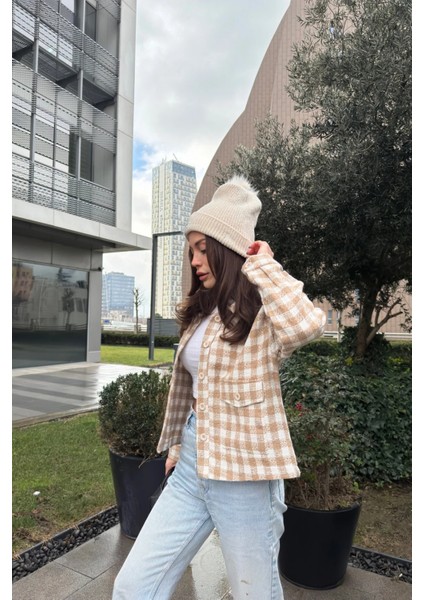 Kadın Vizon Çift Cepli, Pötikare Desenli, Rahat Kalıp, Kısa Tüvit Ceket fırsatları