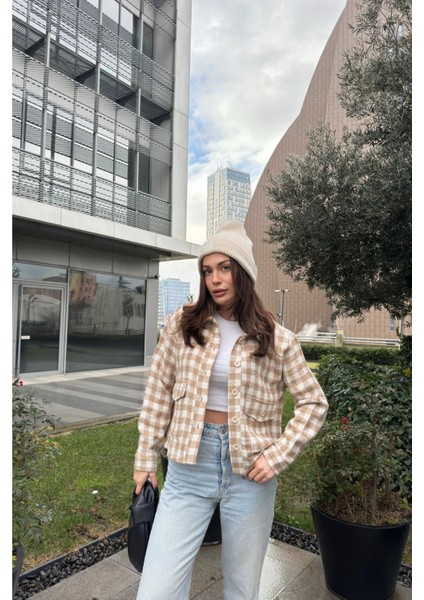 Kadın Vizon Çift Cepli, Pötikare Desenli, Rahat Kalıp, Kısa Tüvit Ceket indirimleri