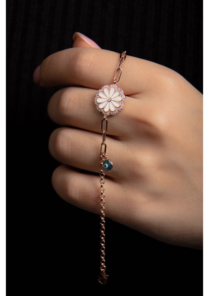 Zirkon Taşlı Mineli Nazar Boncuklu 925 Ayar Gümüş Kadın Rose Papatyalı Bileklik