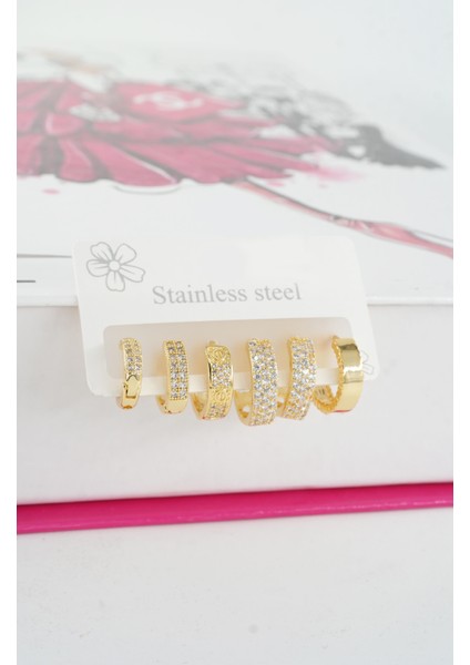 Kadın Vip Seri Özel Tasarım Baget Zirkon Taşlı 6'lı Küpe Seti